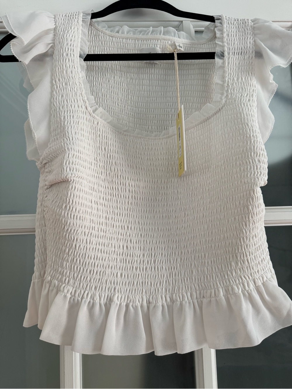 Aritzia Celia White Smocked Ruffle-Trim Top NWT